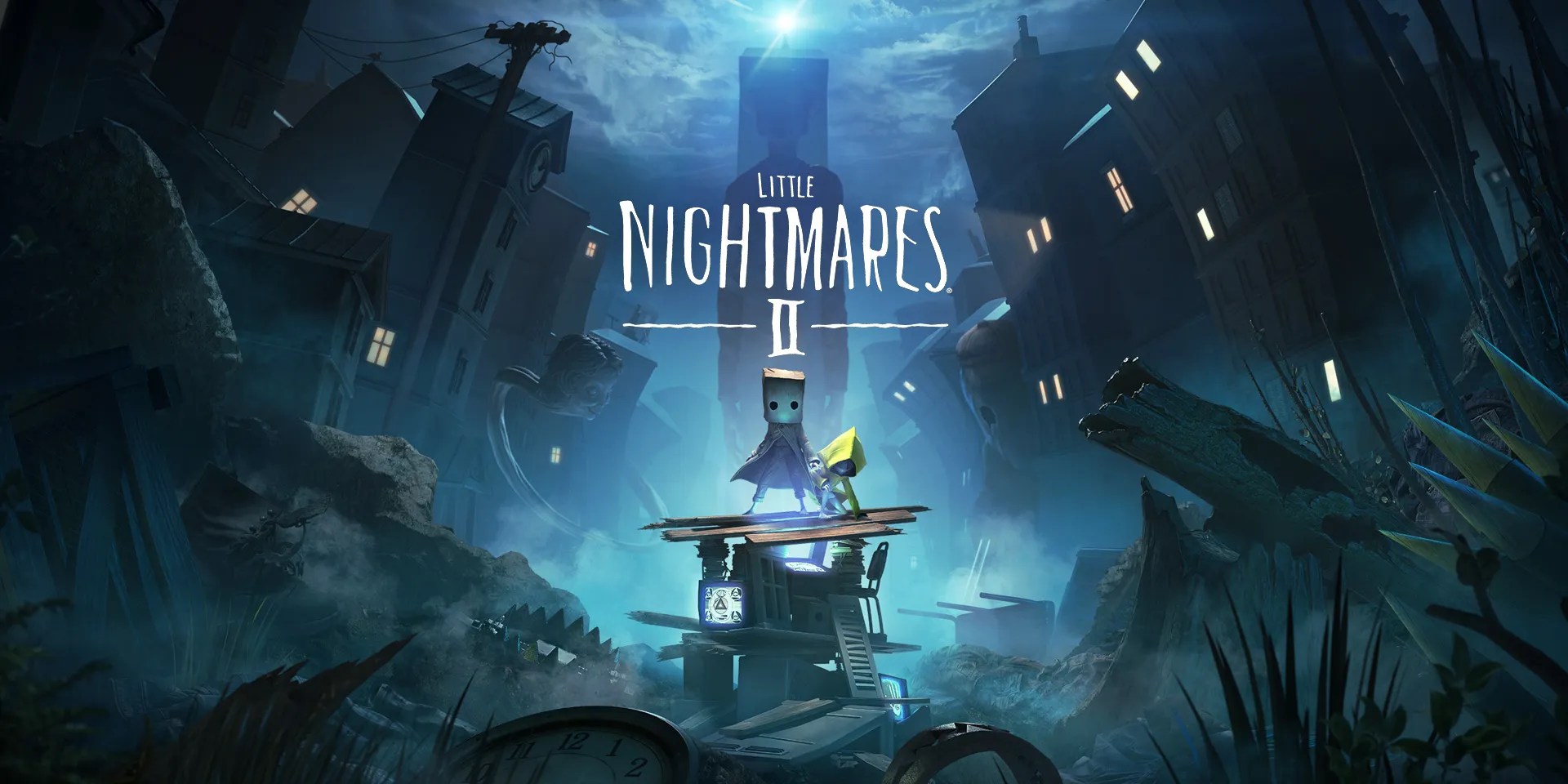 Little Nightmares 2 bag-head boy standing on top of a wooden plank in a destroyed city.