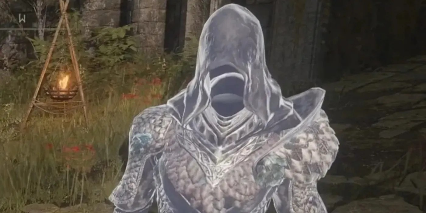 A close-up of Black Knife Tiche from Elden Ring, with her hooded face obscured.