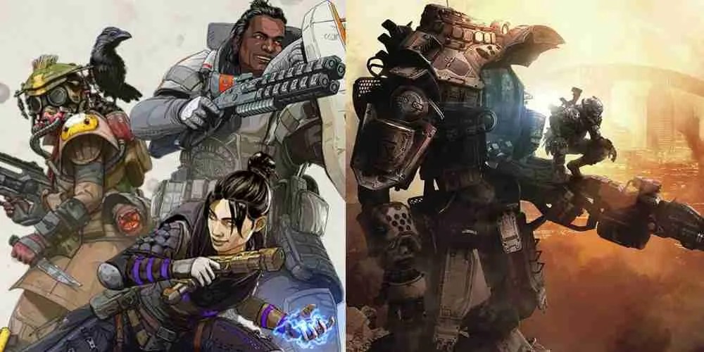 Characters from Apex Legends next to a mech from Titanfall.