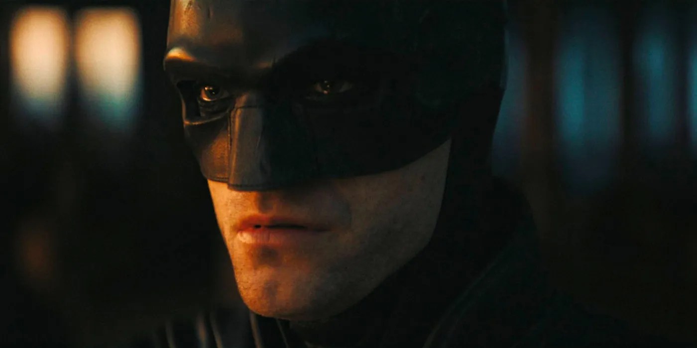 close-up of robert pattinson looking serious in The Batman