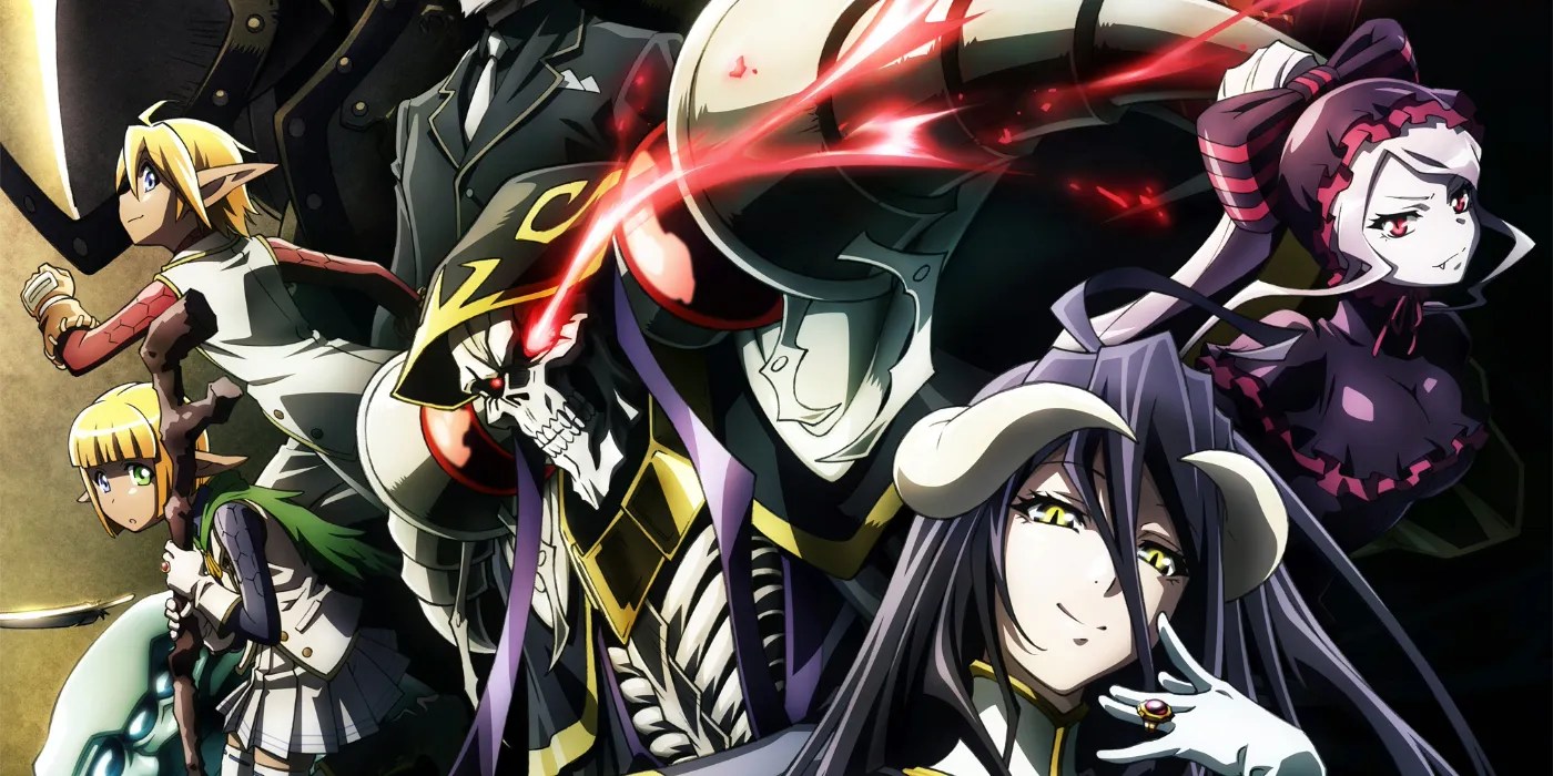 Main cast of Overlord with Ainz Ooal Gown, Albedo, and others featured on a key visual for the anime adaptation.
