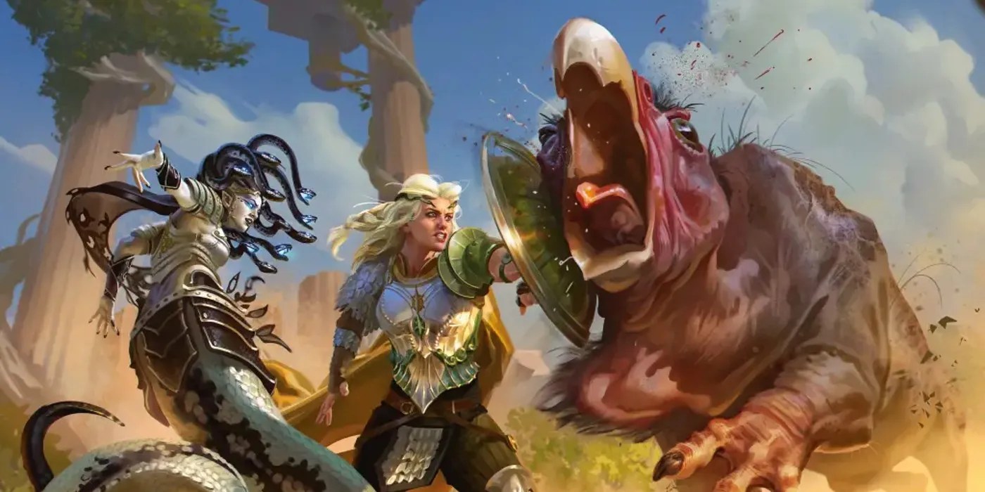 Asteria fighting a monster in the desert in Deck Of Many Things key artwork.