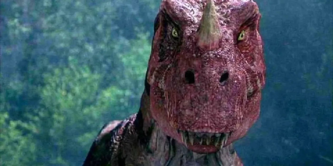 A red Ceratosaurus in the wilderness in Jurassic Park III.