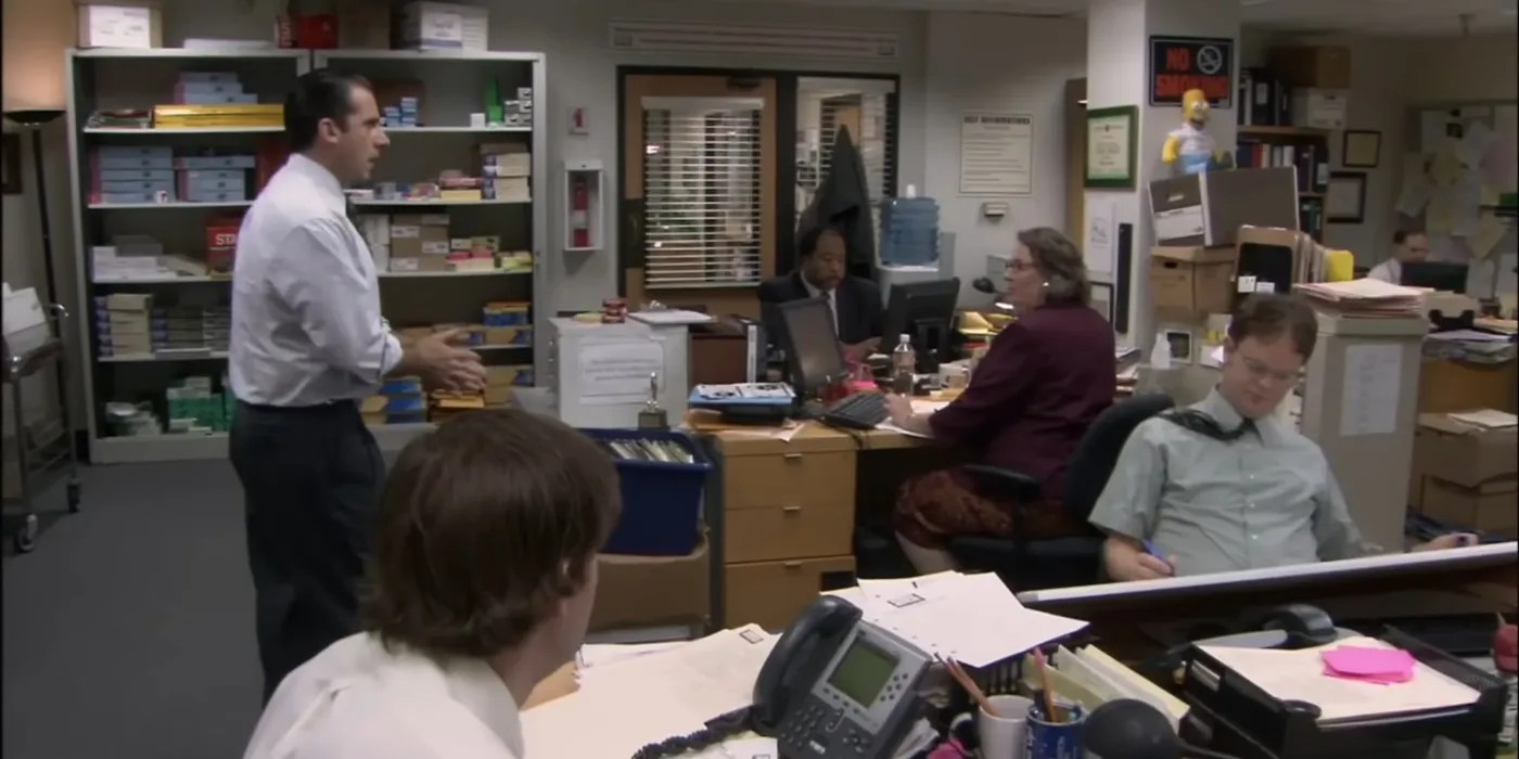 Michael Scott talking to Stanley, Phyllis, Dwight, and Jim about their basketball game in The Office