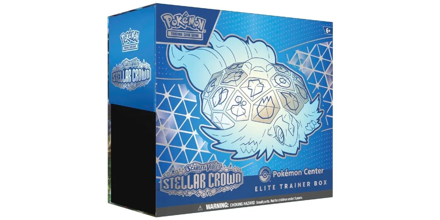 The Pokemon Trading Card Game&rsquo;s Elite Trainer Box for the Stellar Crown expansion, featuring an image of Terapagos.