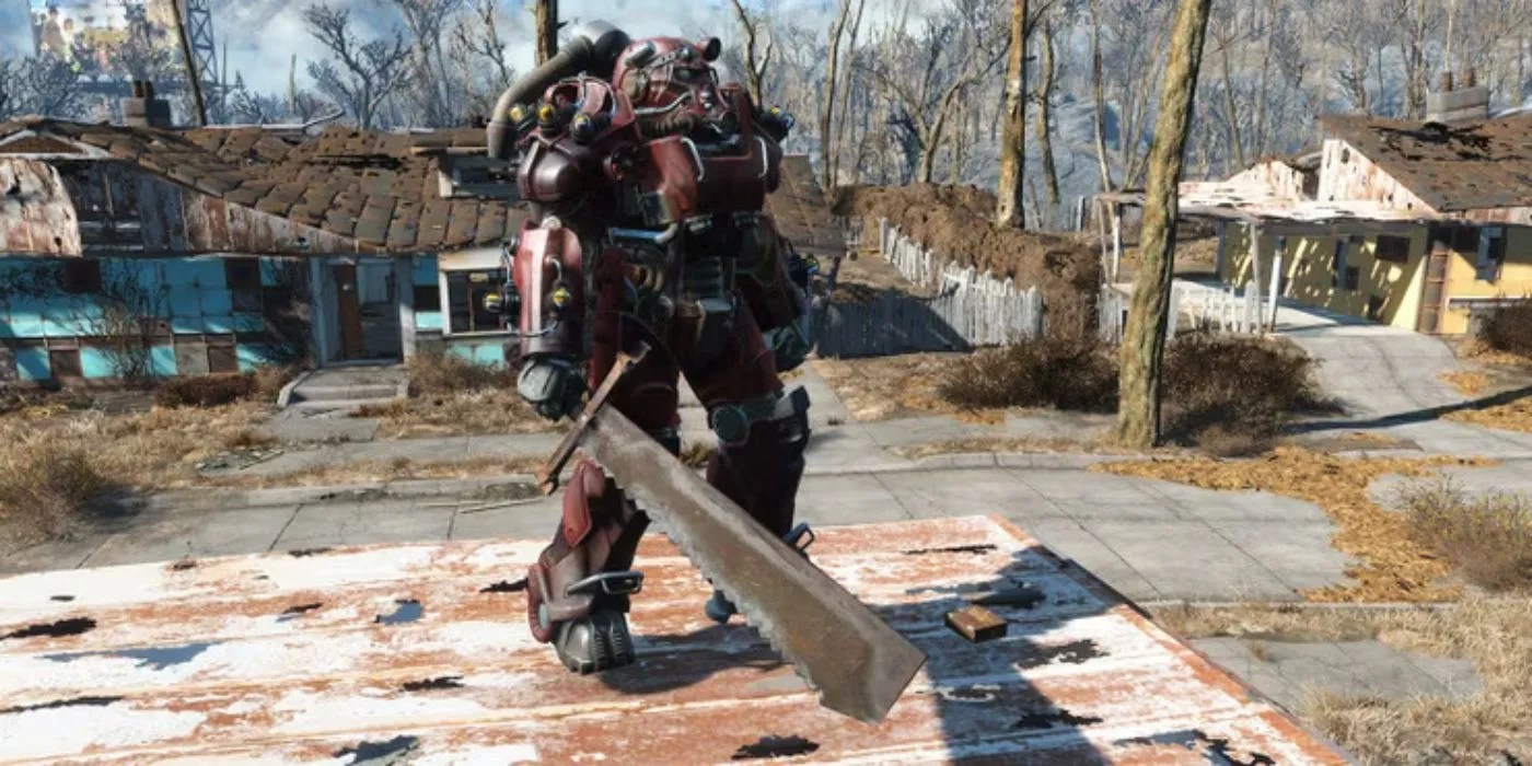 Player wielding a sword inside Power Armor suit in Fallout 4.