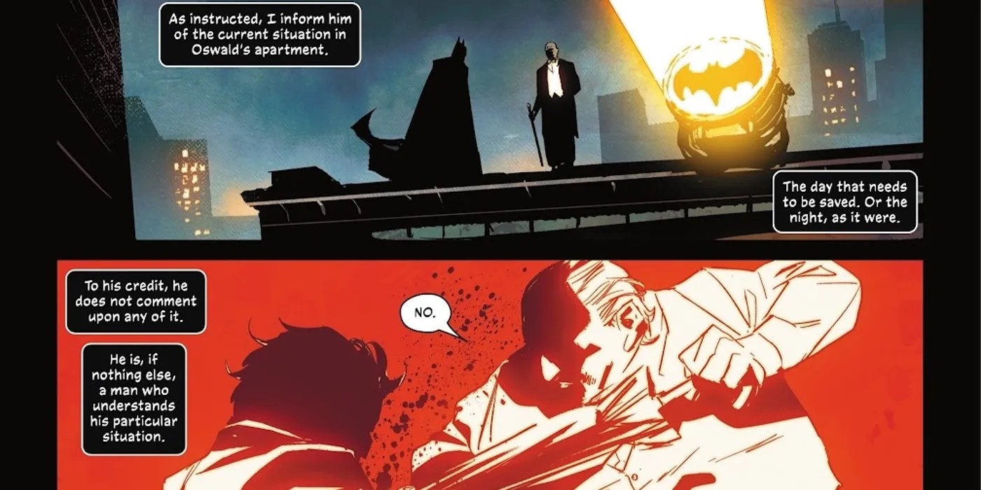 Comic book panels: the Help uses the Bat-Signal to talk to Batman as the Penguin beats his son.