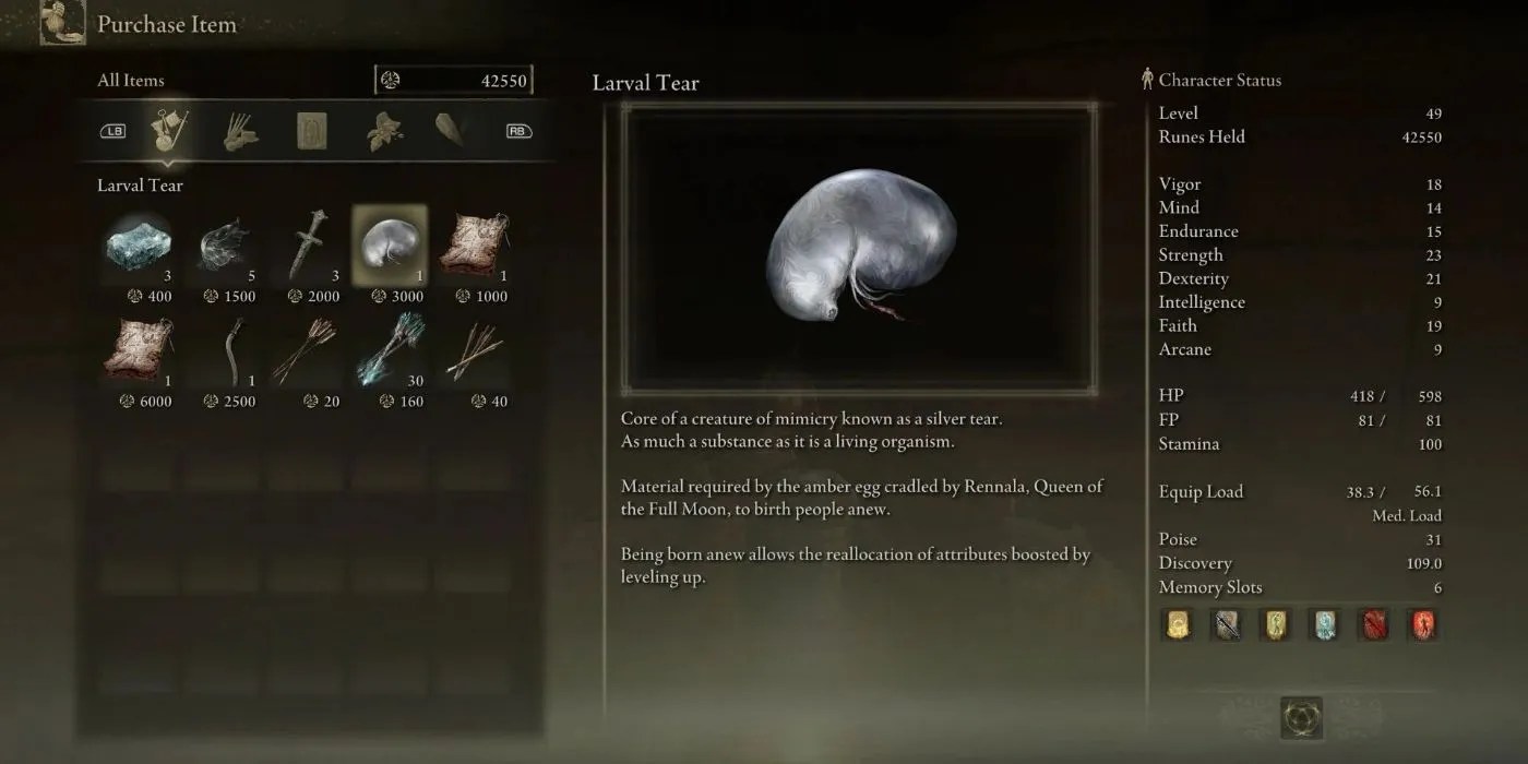Larval Tear item description in Elden Ring.