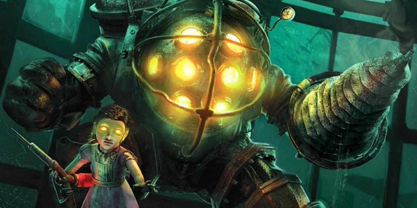 A Little Sister and a Big Daddy in BioShock