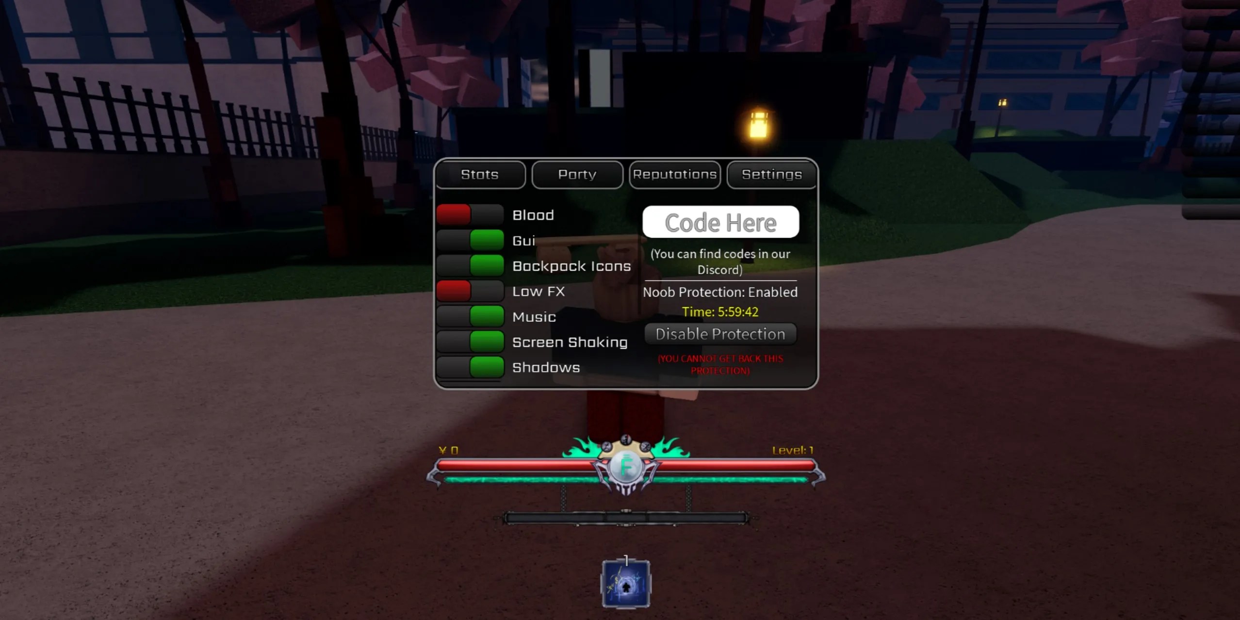 The settings menu with the Code Here box shown in Roblox Peroxide.