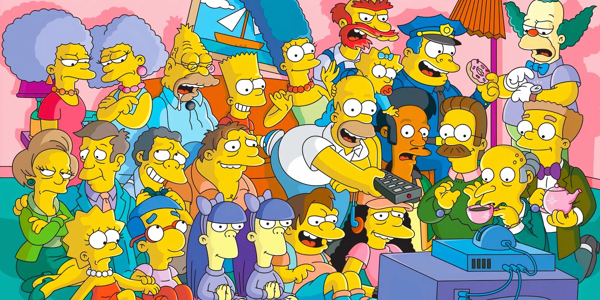 All Characters of The Simpsons Gathered Around A Television.