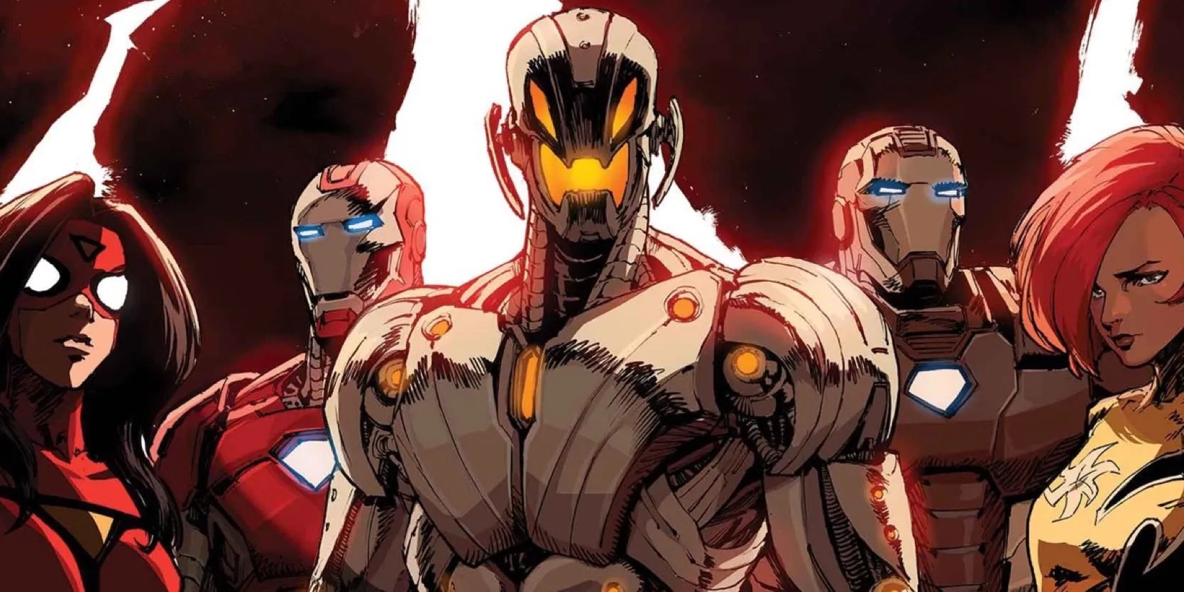 West Coast Avengers #1 Danny Kim cropped Variant Cover with Ultron, Iron Man, War Machine, Spider-Woman, and Firestar
