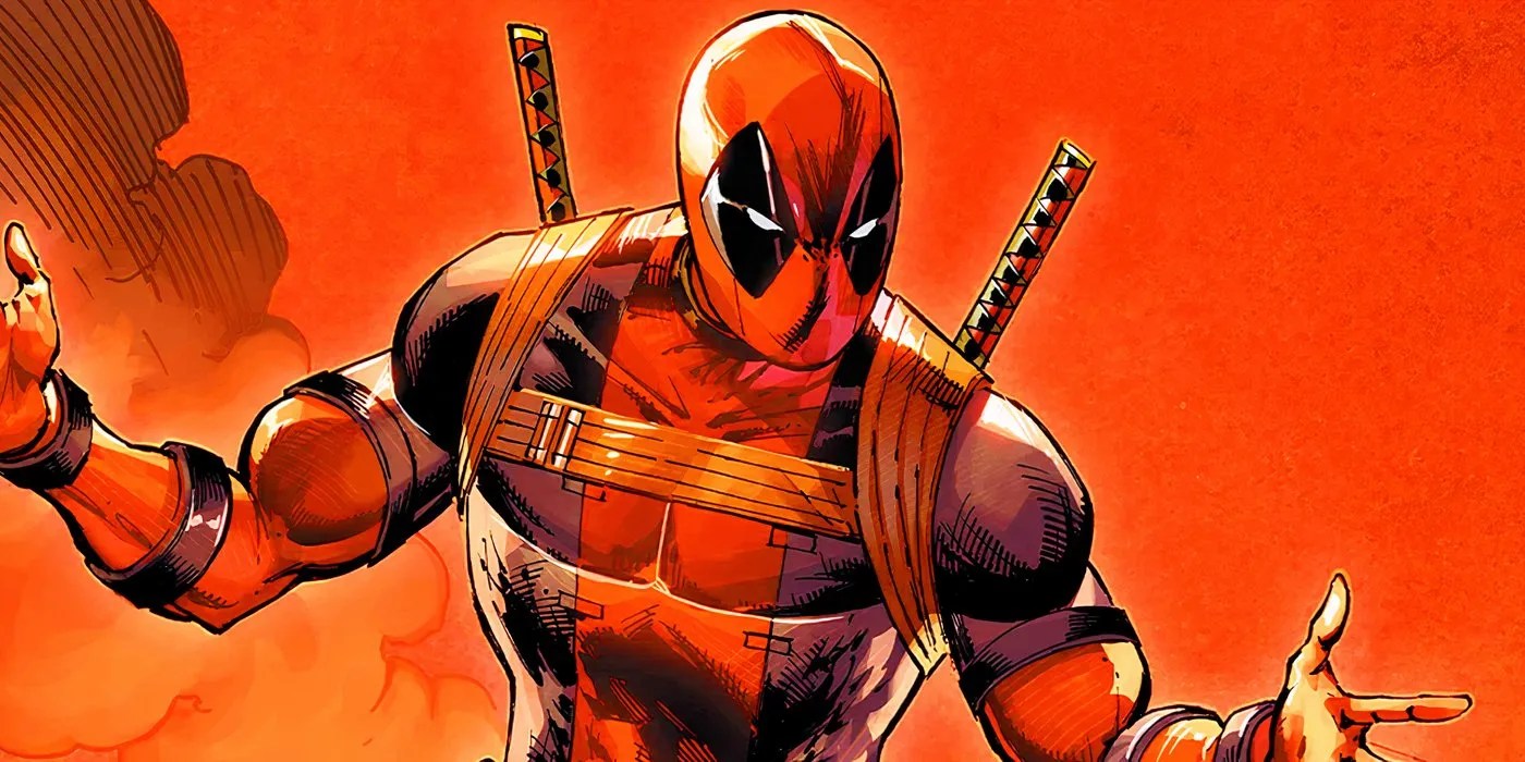 Comic book art: Deadpool with outstretched arms in Marvel Comics