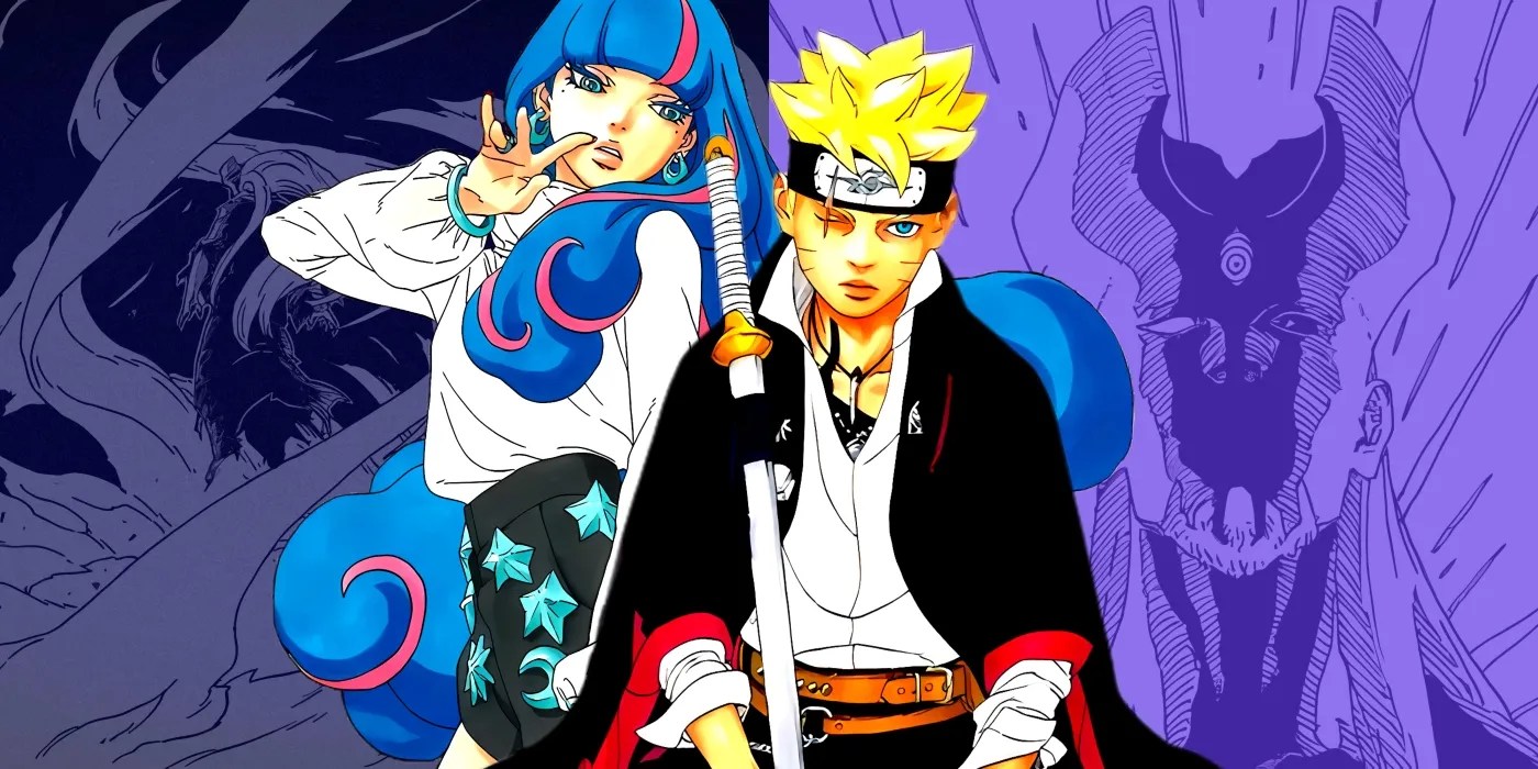 Eida and Boruto standing side by side. Behind them Shibai Otsutsuki can be seen usng his abilities.