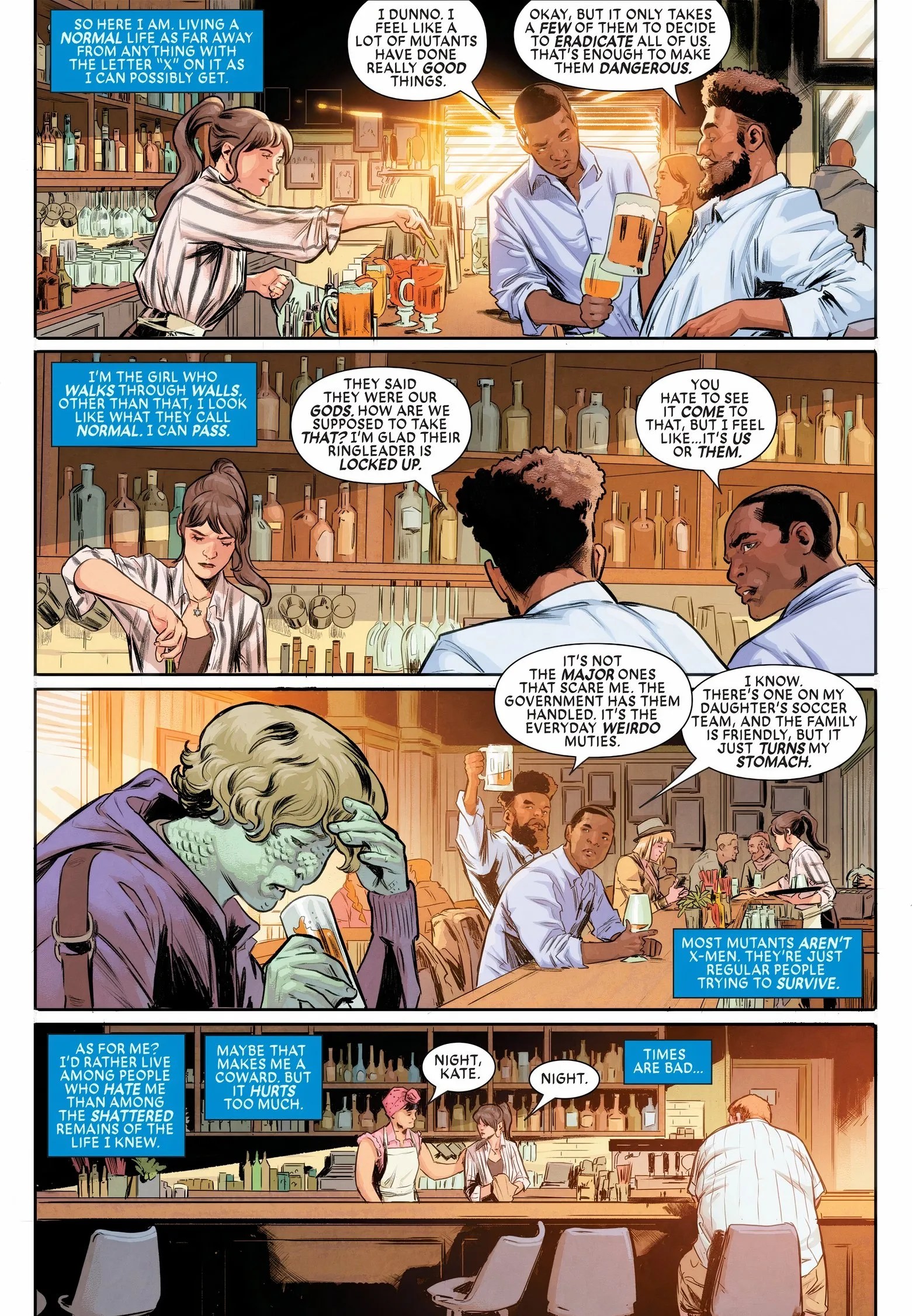 Kitty Pryde works behind a bar as patrons disparage mutants. A lizard-like mutant sits nearby holding a drink.