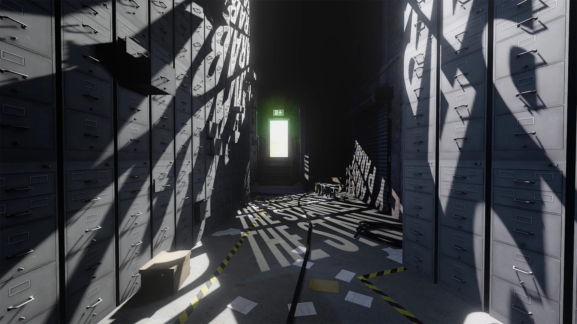 The Stanley Parable dark corridor with tall stacks of file drawers on both sides leading to an exit door that&rsquo;s glowing green in its window.