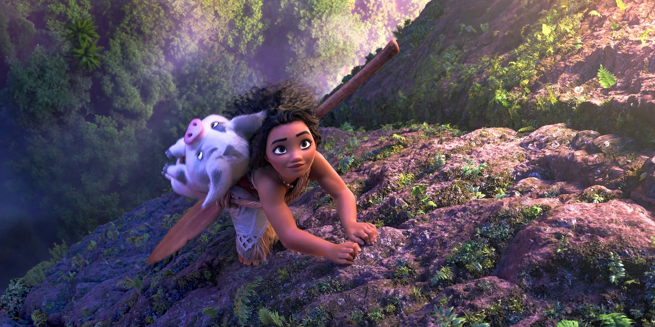 Moana climbing a cliff in Moana 2