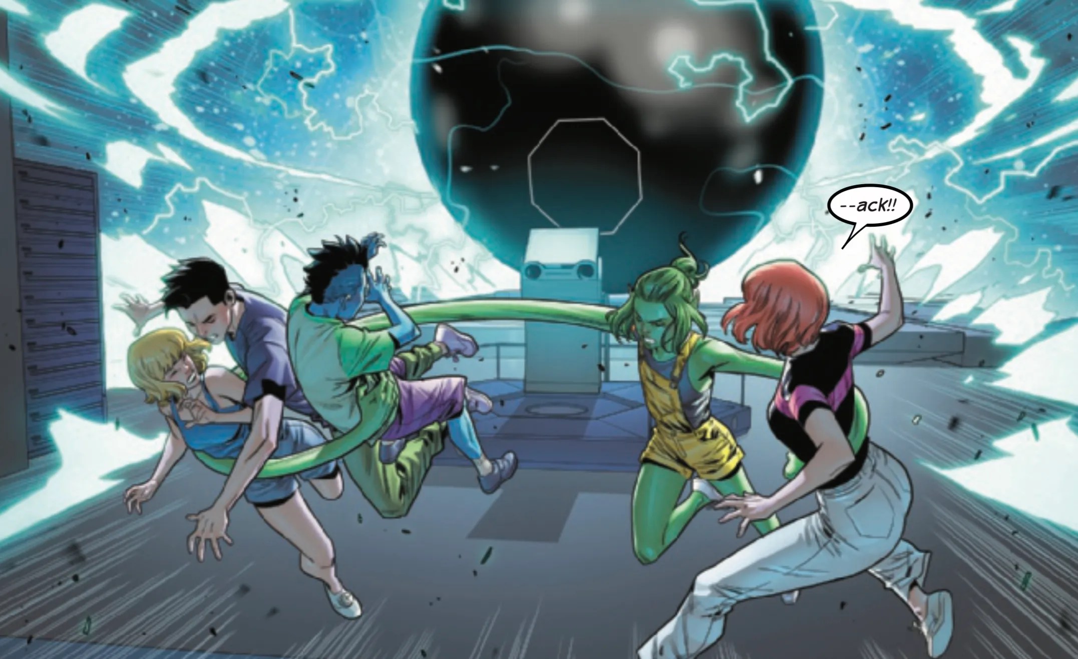 Fantastic Four #23 by Ryan North and Carlos Gómez - Nicki saves Alicia, Jo, Franklin, and Valeria from a blast