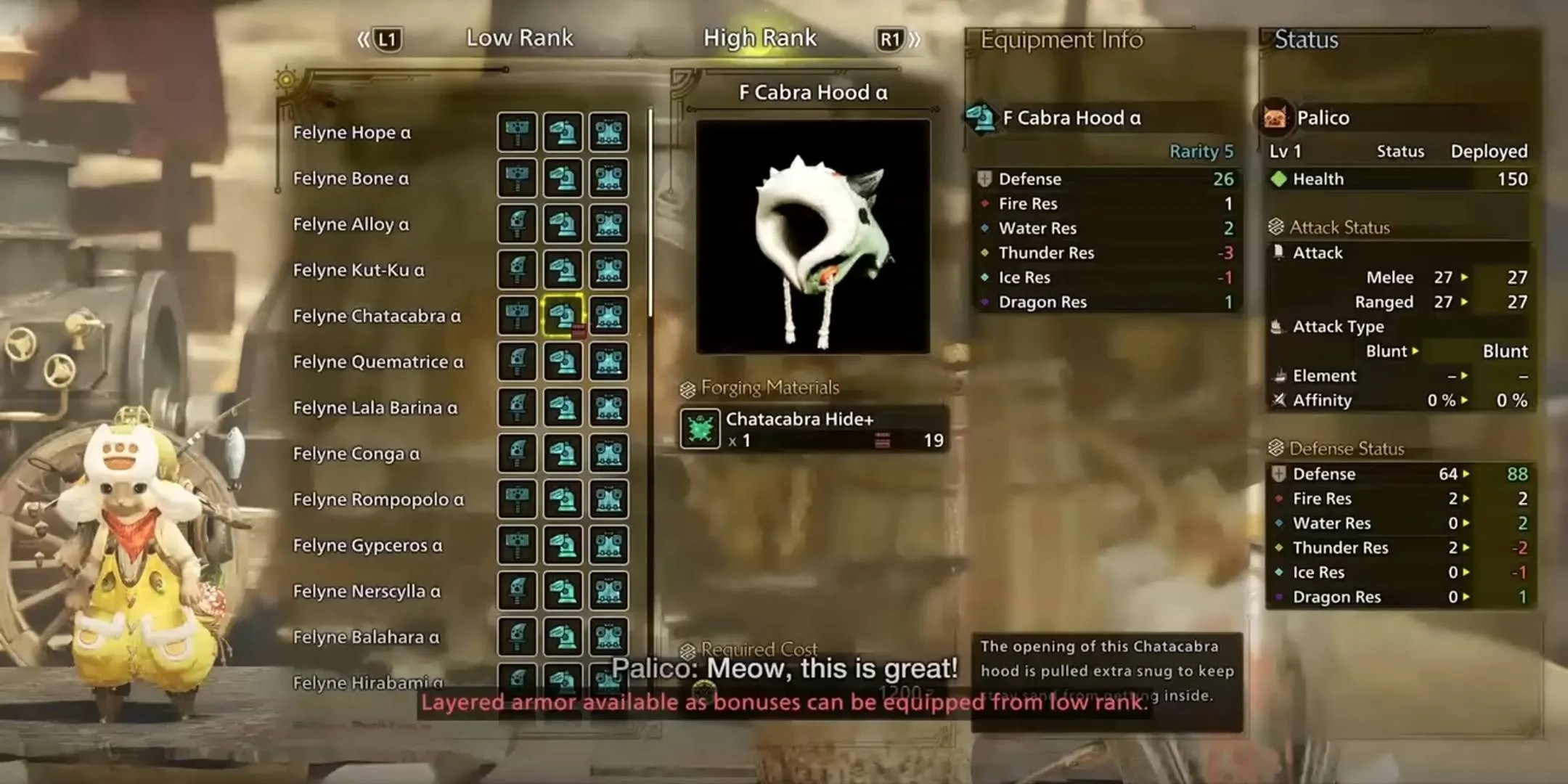 Monster Hunter Wilds Palico layered armor customization menu