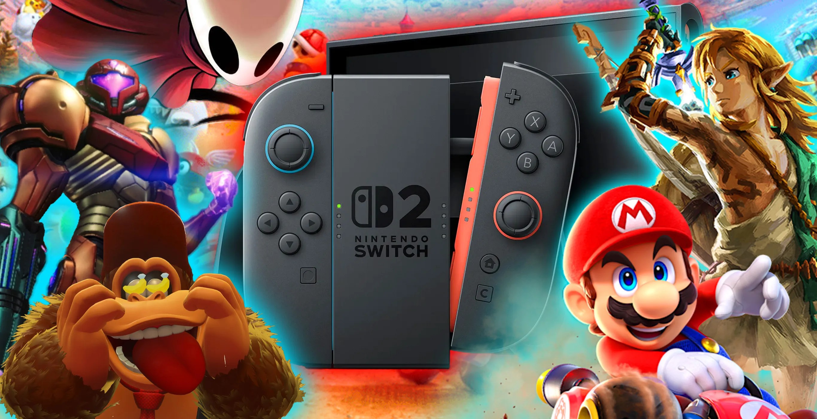 Switch 2 with Nintendo characters surrounding it