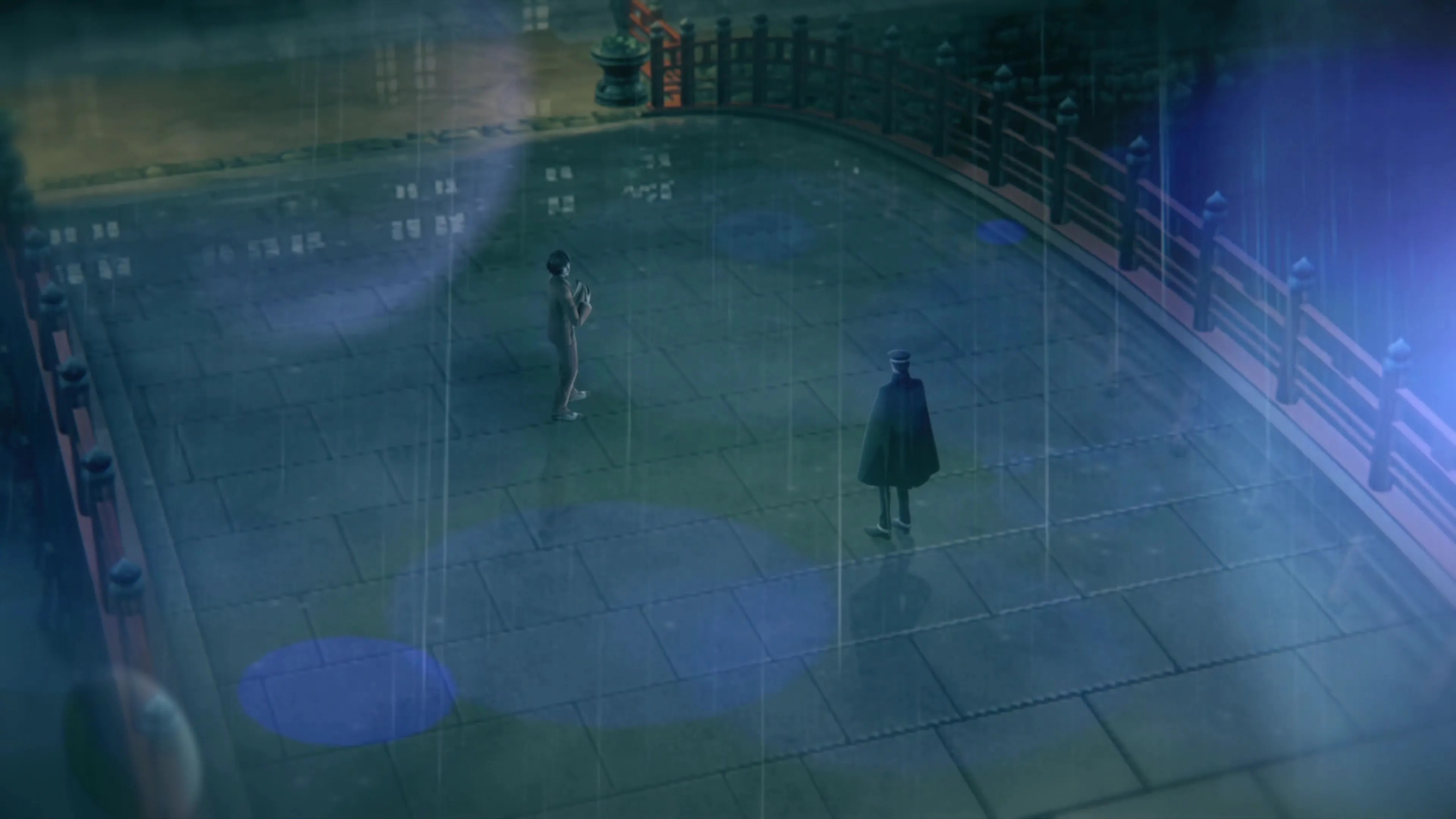 A bird&rsquo;s eye view of Raidou standing on a bridge on a rainy night in RAIDOU Remastered The Mystery of the Soulless Army