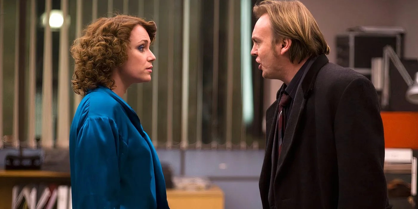 Philip Glenister as Gene Hunt Keeley and Hawes as Alex Drake having an intense argument in the office in Ashes to Ashes.