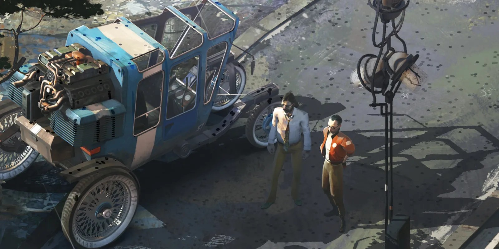disco elysium two characters standing near a car.