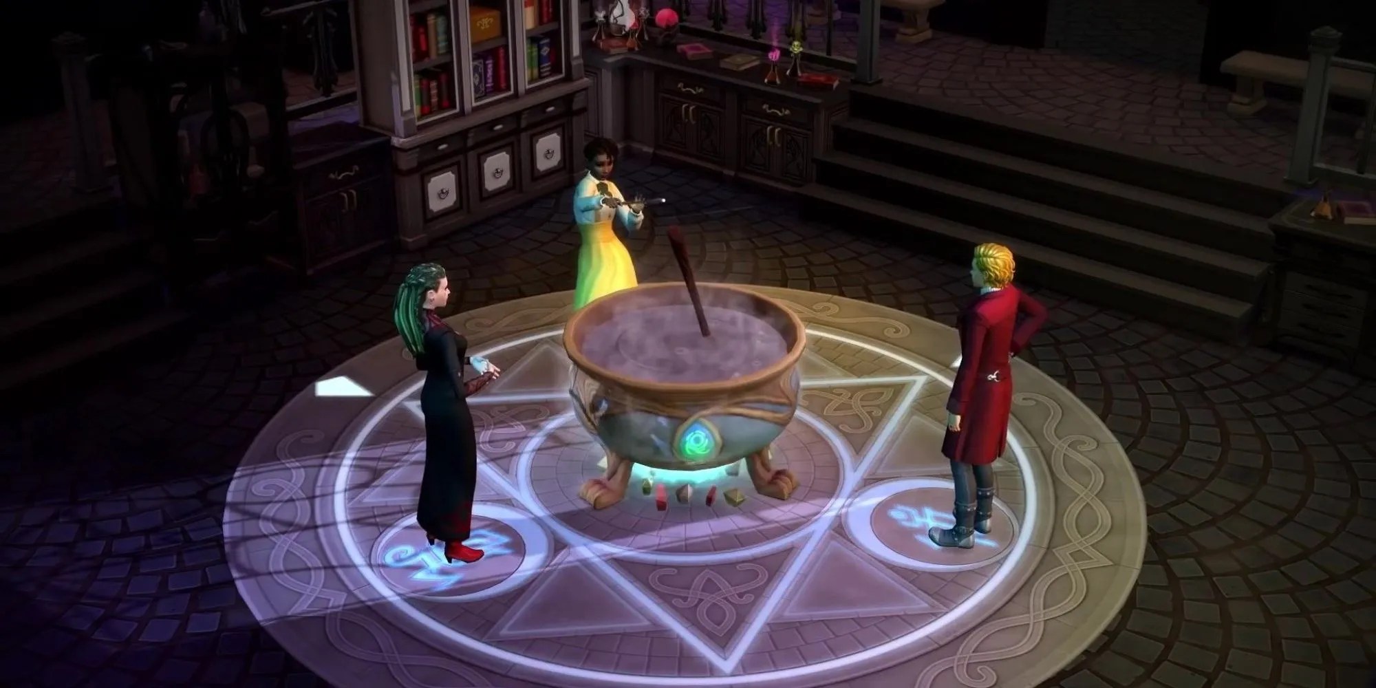 Spellcasters around a cauldron The Sims 4 Realm of Magic