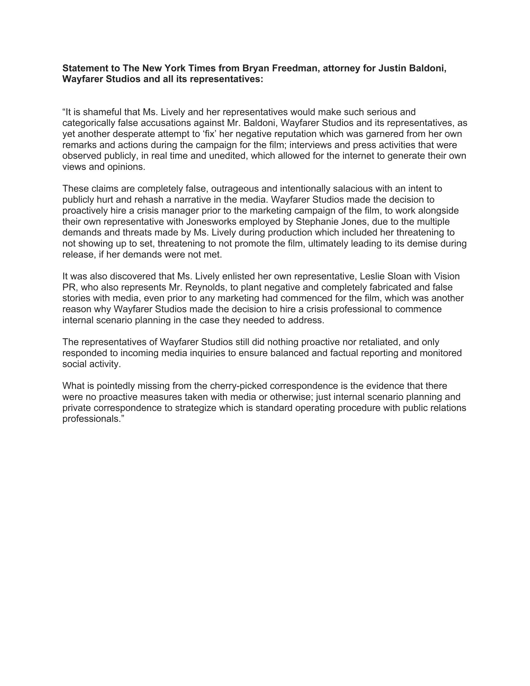 Read the Statement from Justin Baldoni’s Attorney The New York Times