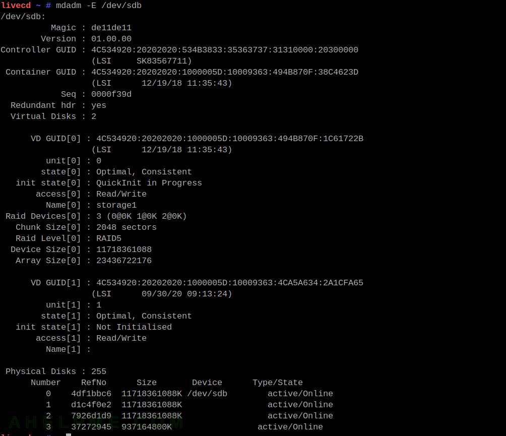 mdadm assembles AVAGO/LSI MegaRAID controller RAID 5 array