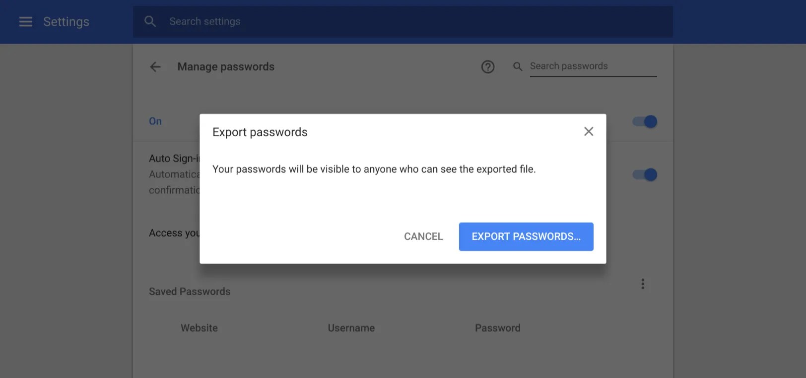 [Update Flag setting] Chrome lets you export your saved logins as .csv
