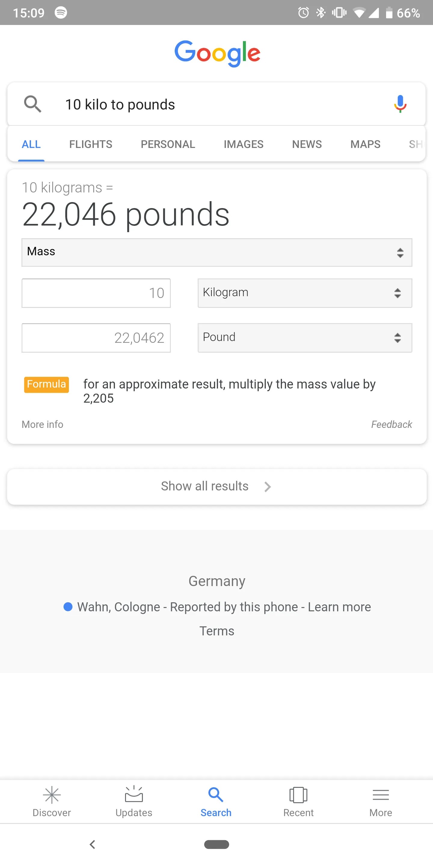 Google Search explains the formula for all its unit conversions