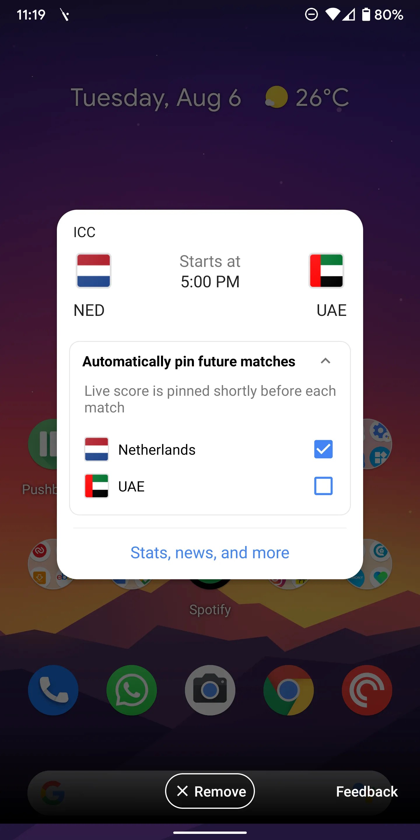 Google automatically pins live scores for your favorite team's future matches