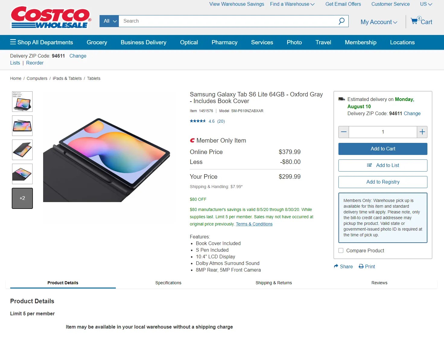 Samsung Galaxy Tab S6 Lite with Book Cover is 300 (80 off) at Costco