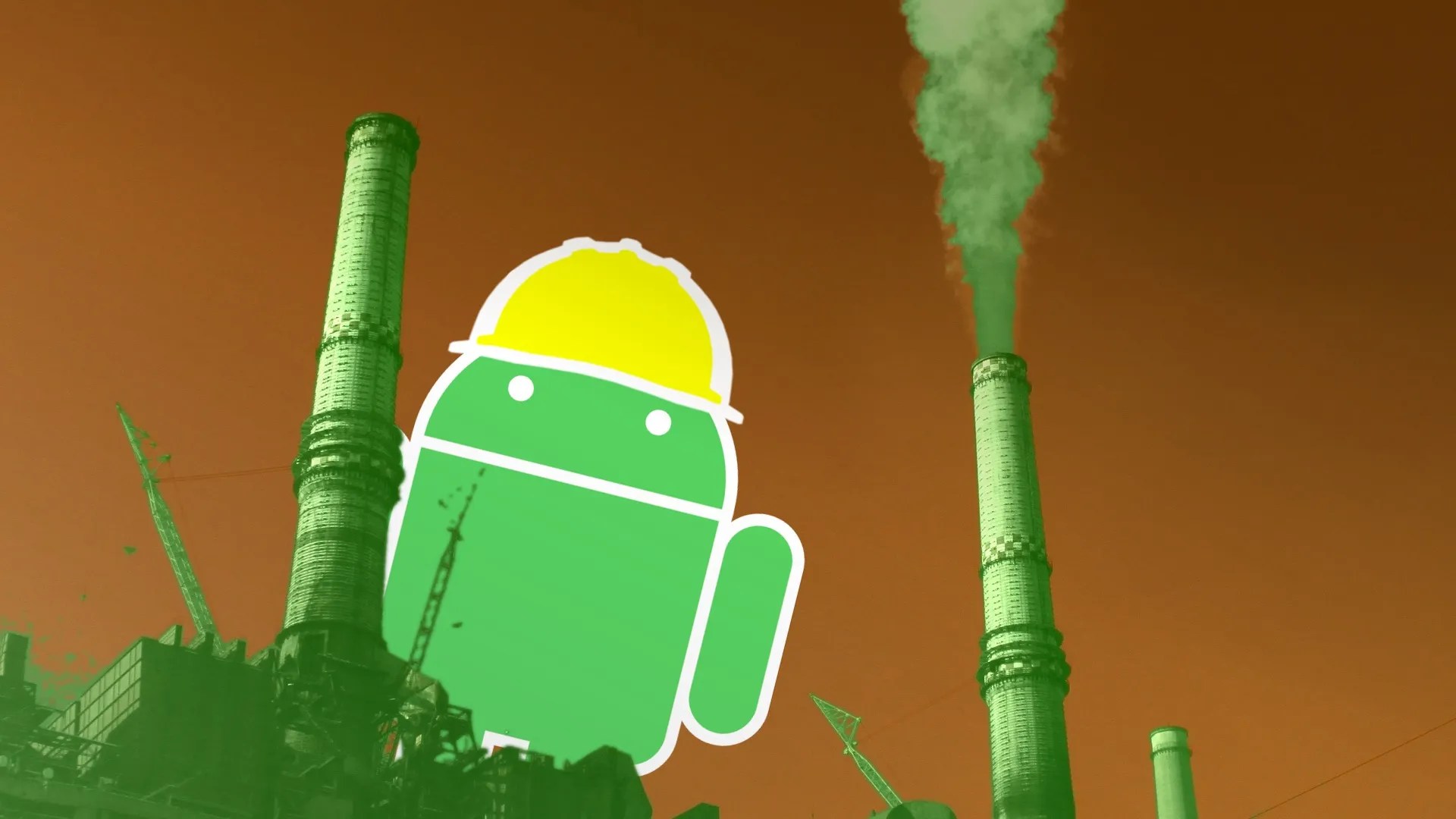 Google&rsquo;s Bugdroid looming over large green pipes