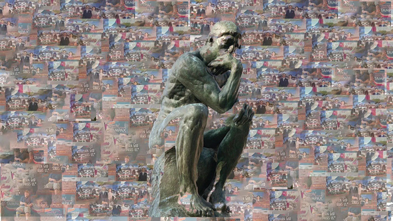 A collage of ads in the background creep into Rodin&rsquo;s The Think