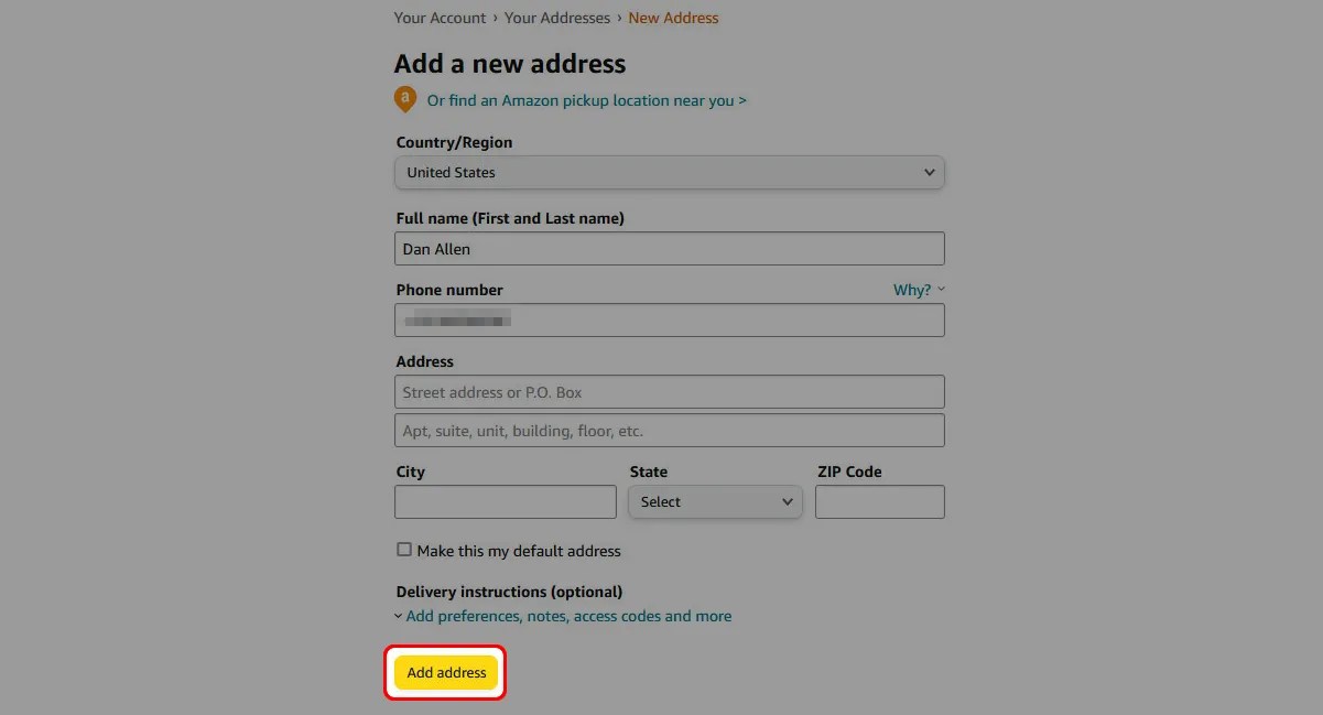 Amazon How to change your shipping address