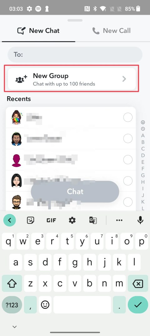 Choosing the New Group chat option in Snapchat
