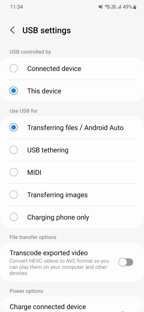 Screenshot of the Android USB options