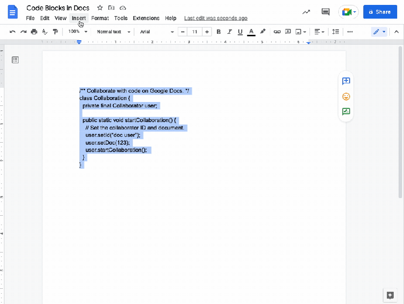 An animation of how code blocks work in Google Docs