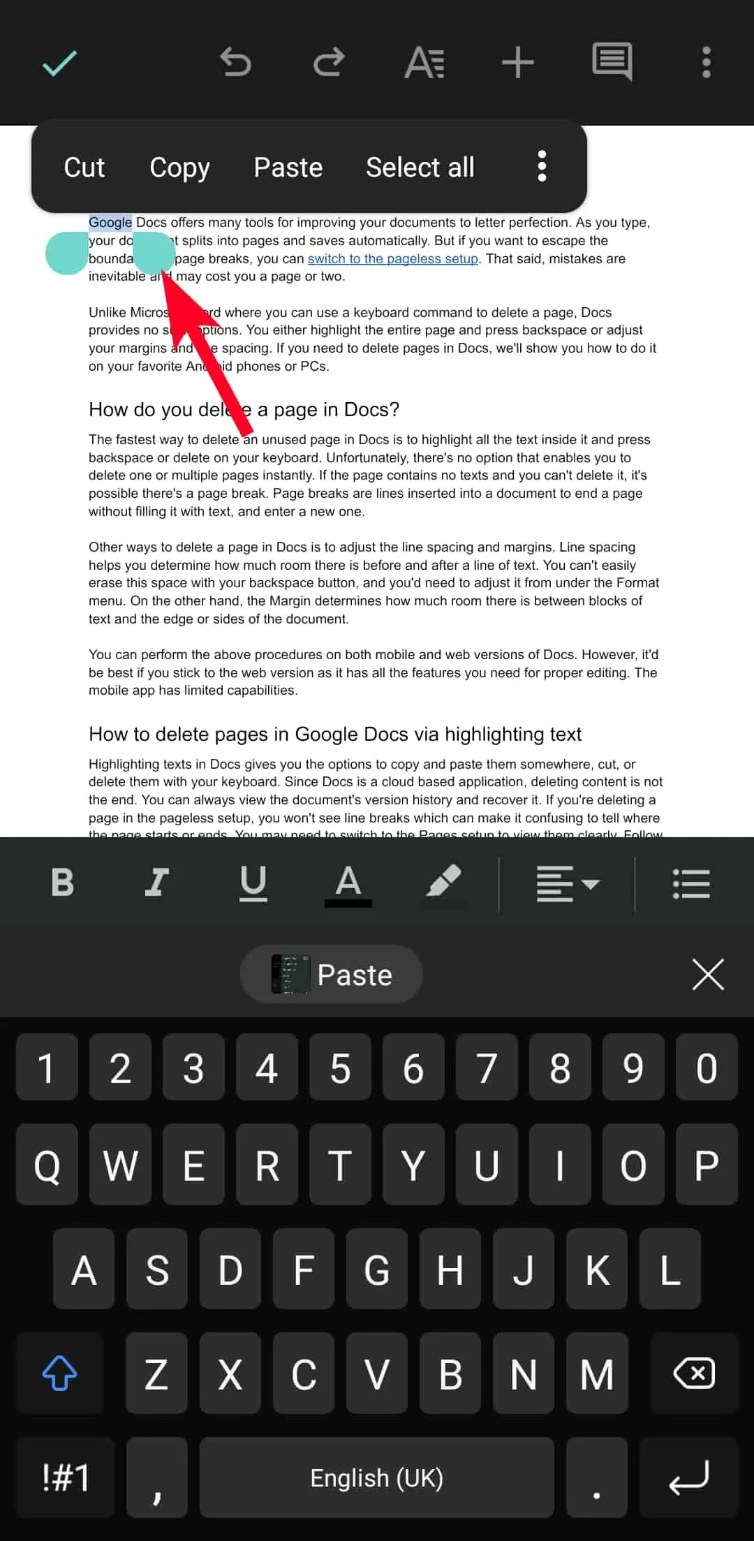 How to delete pages in Google Docs