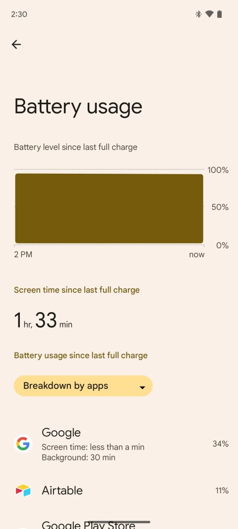 Android 14 DP1 battery usage screen