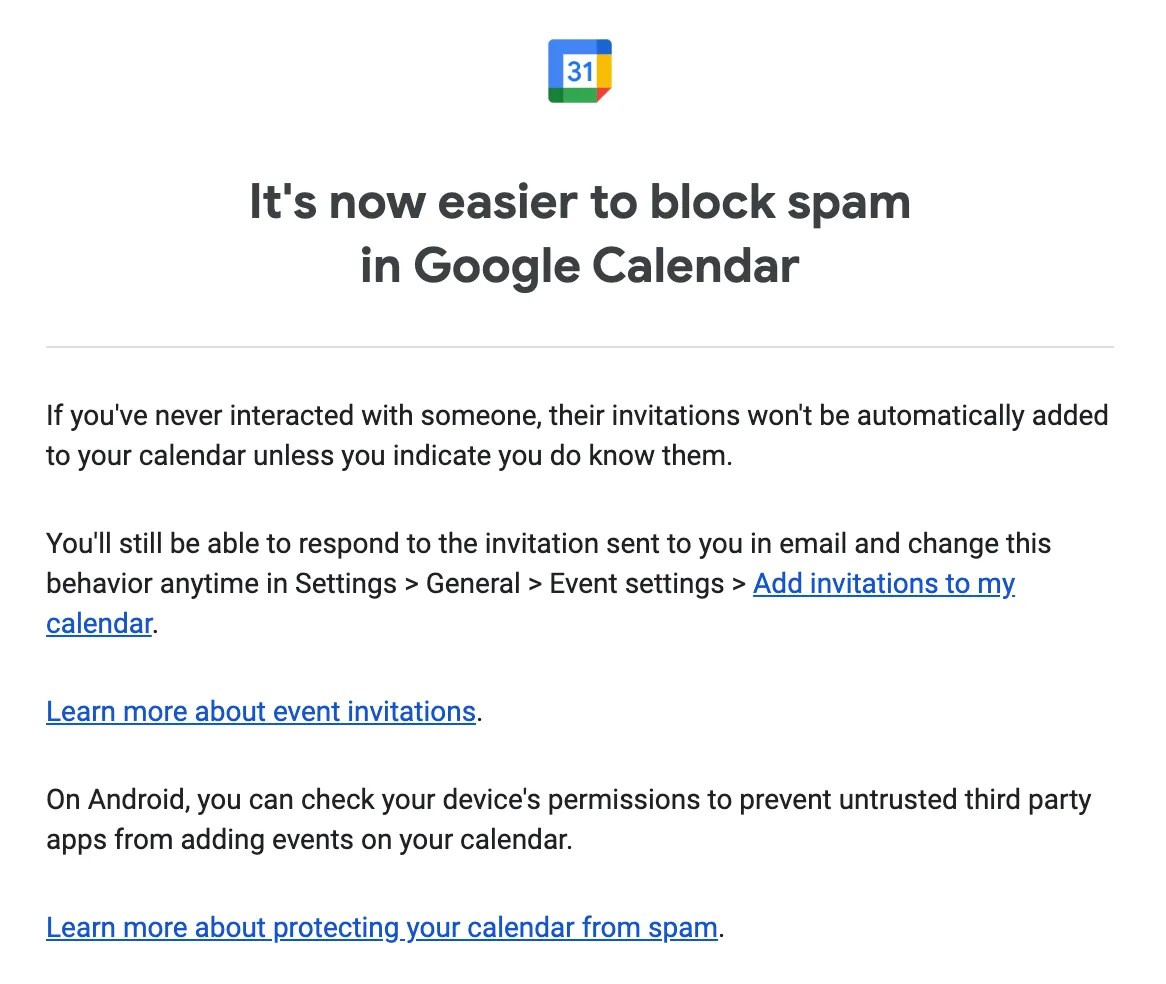Google's starting to enable Calendar spam protection by default