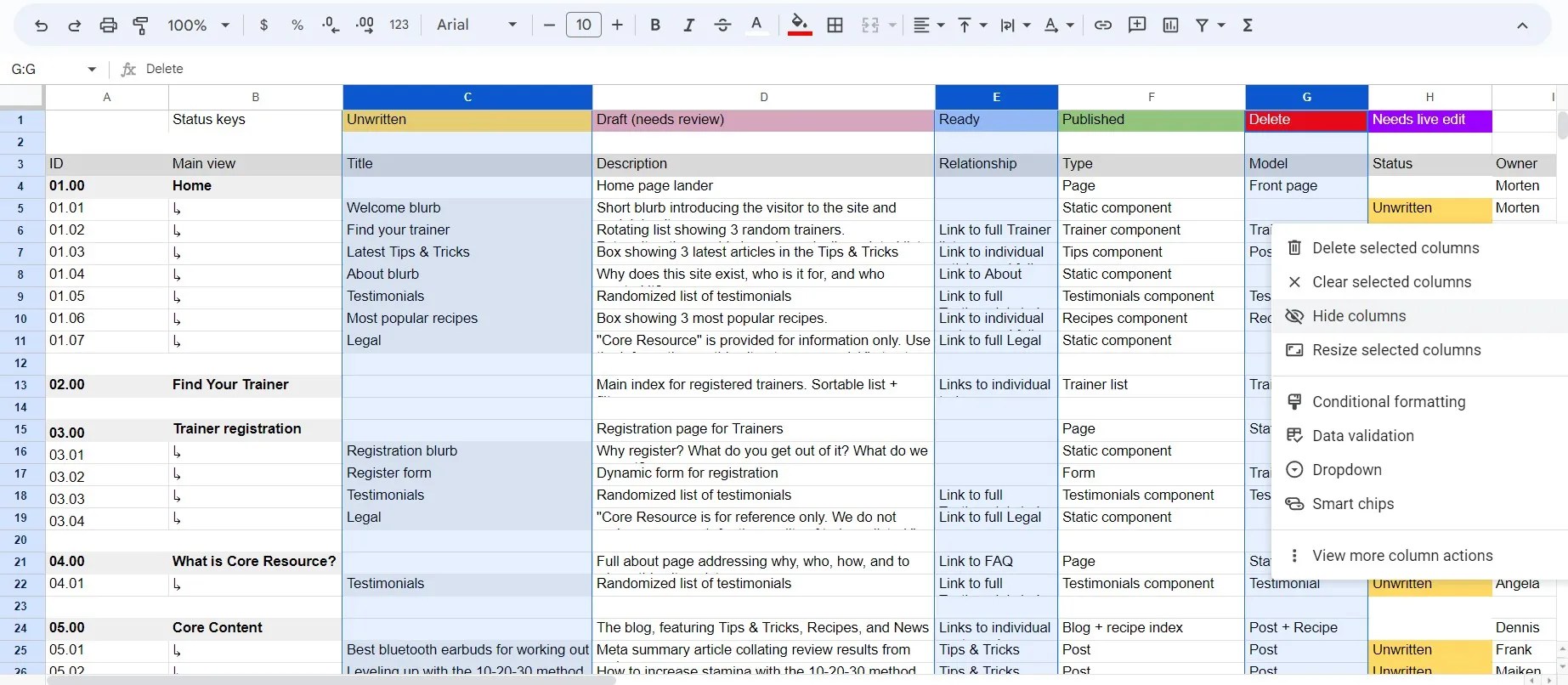 How to hide columns and rows in Google Sheets