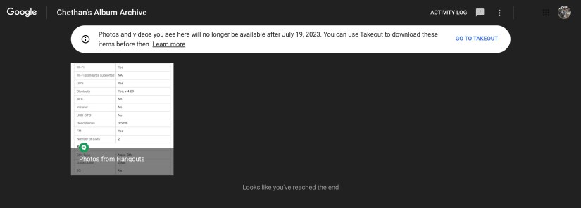 Google Album Archive Warning Header