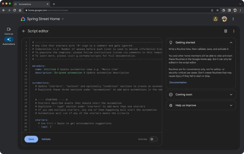 Google Home script editor on the web