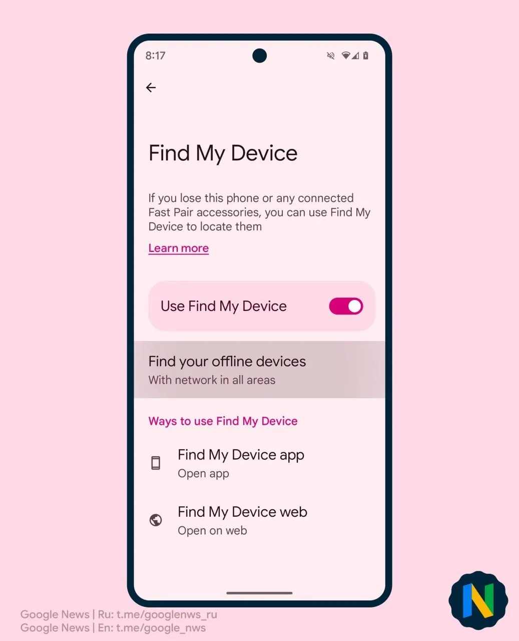 Settings for Google’s Find My Device network are taking shape