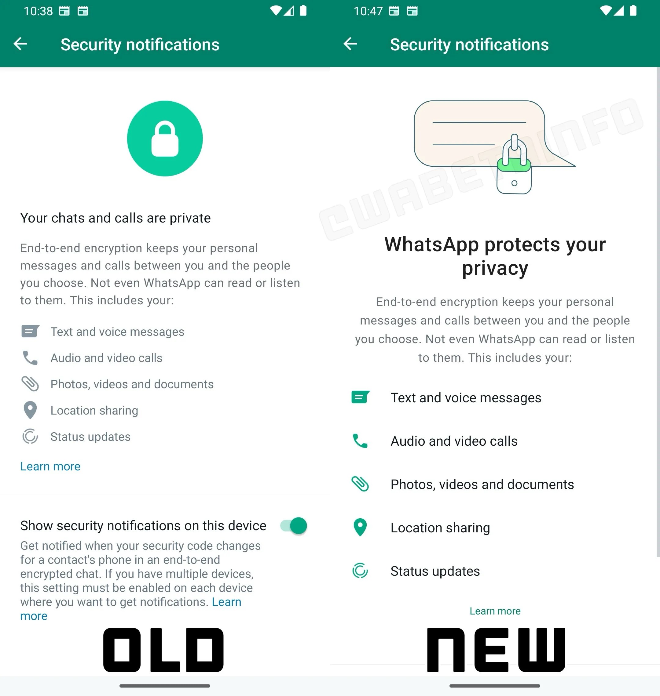 WhatsApp's Security notifications menu is getting a redesign