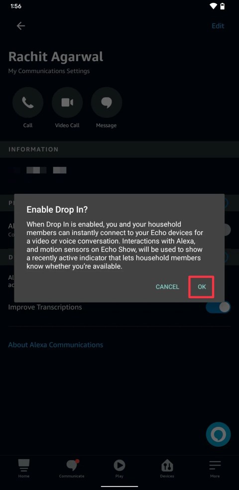 The Enable Drop In confirmation dialog