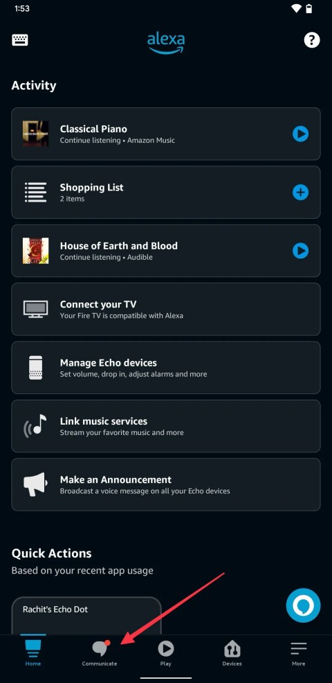 Alexa Android app home page with a pointer to the Communicate option